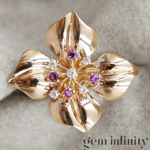 Upload image to gallery, Vintage pink gold flower brooch set with diamonds and pink sapphires