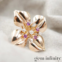 Upload image to gallery, Vintage pink gold flower brooch set with diamonds and pink sapphires