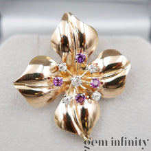 Upload image to gallery, Vintage pink gold flower brooch set with diamonds and pink sapphires