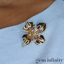 Upload image to gallery, Vintage pink gold flower brooch set with diamonds and pink sapphires