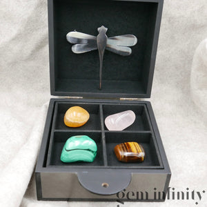 COFFRET HOME SWEET HOME, Quartz rose, Malachite, Oeil de tigre et Calcite orange