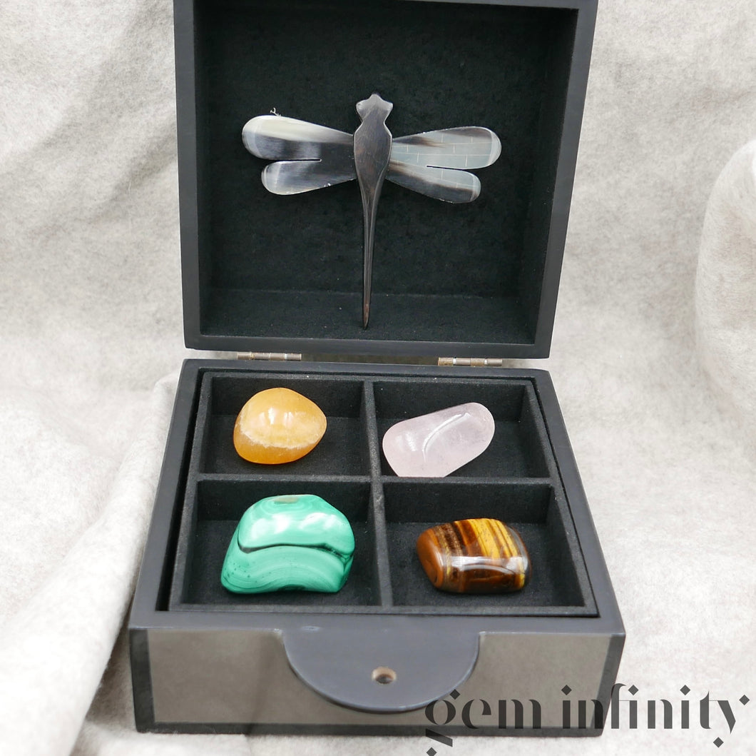 COFFRET HOME SWEET HOME, Quartz rose, Malachite, Oeil de tigre et Calcite orange