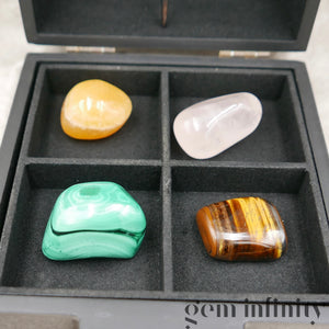 COFFRET HOME SWEET HOME, Quartz rose, Malachite, Oeil de tigre et Calcite orange