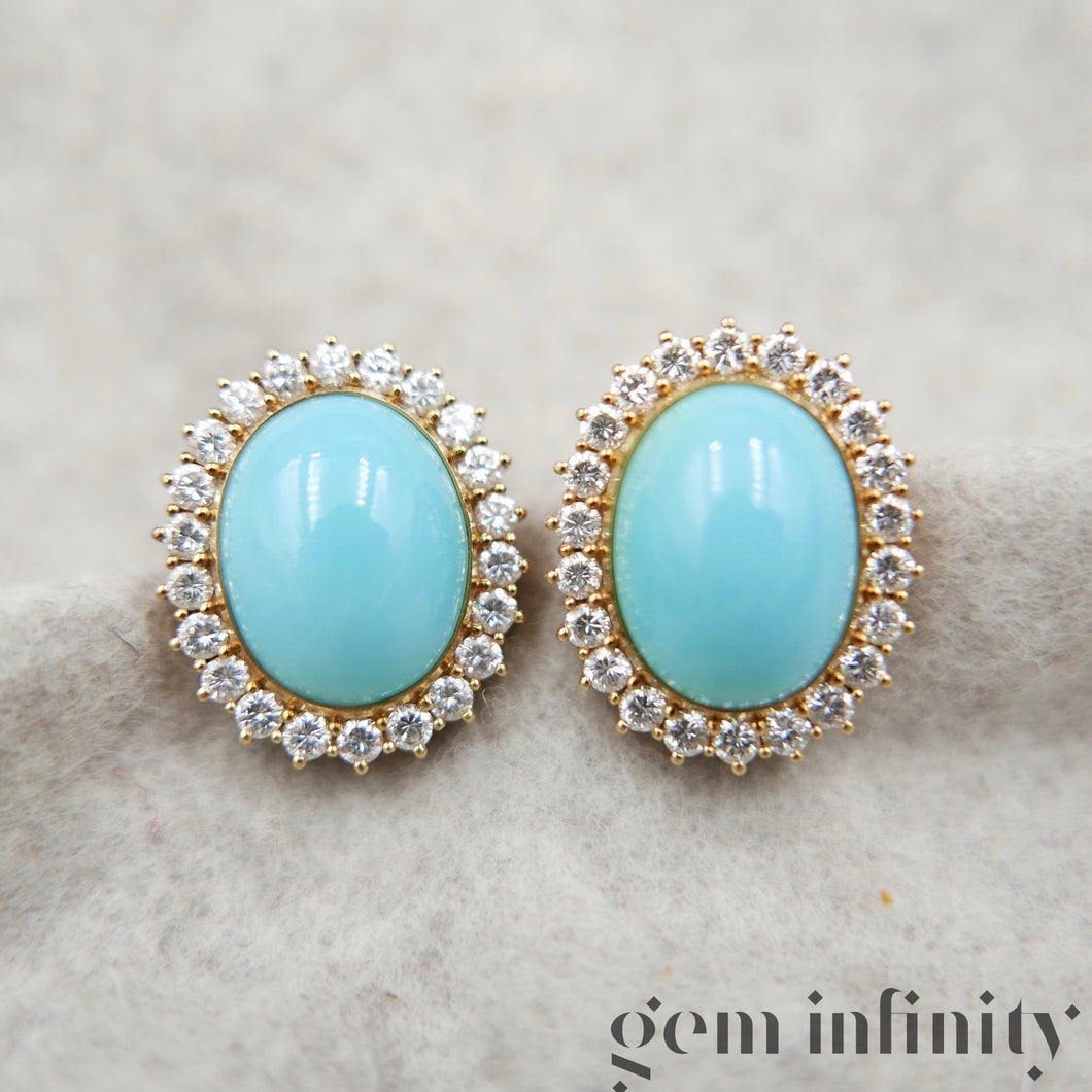 Pair of gold, turquoise and diamond ear clips