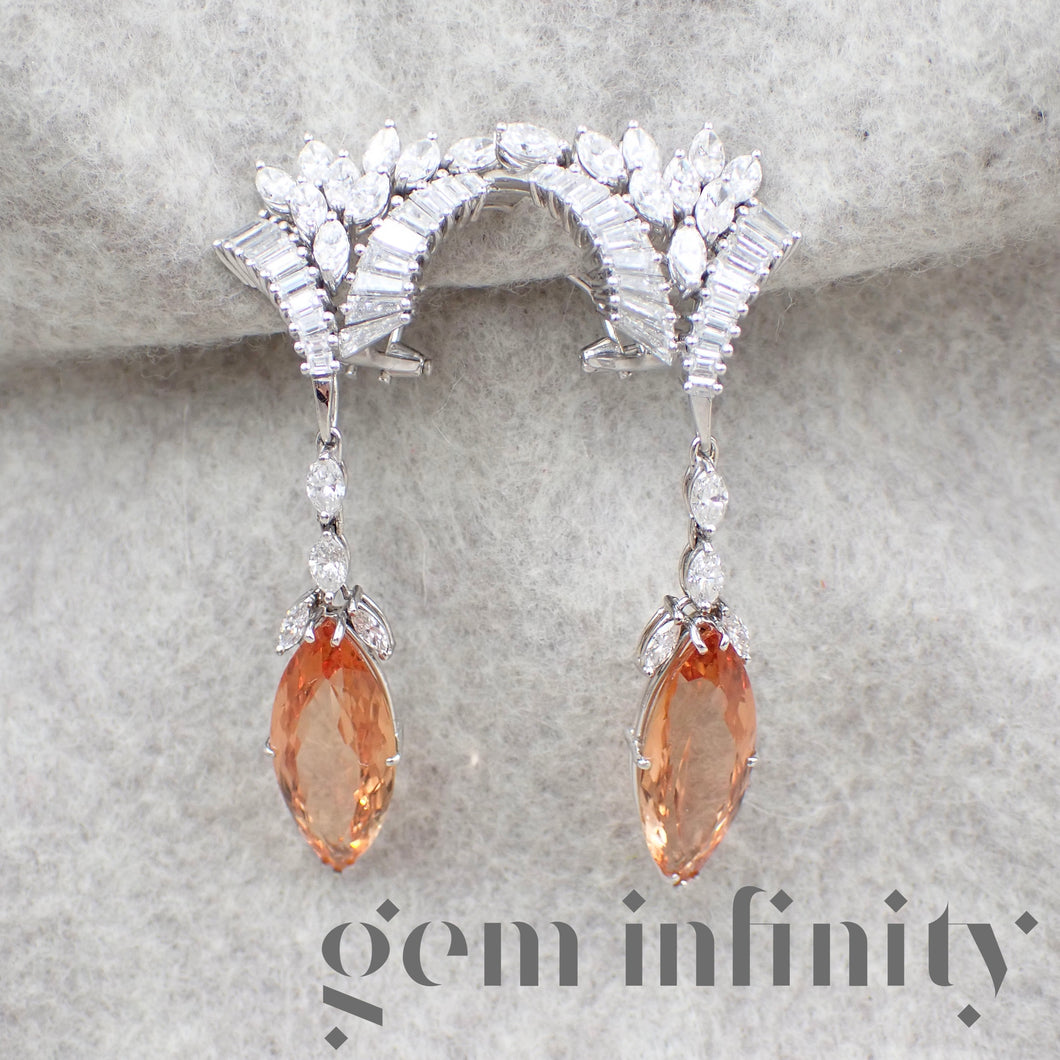 White gold impressive pair of earrings, imperial topazes and diamonds