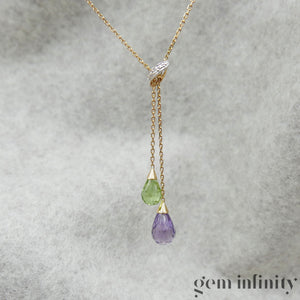 Collier or, briolettes améthyste péridot et diamants