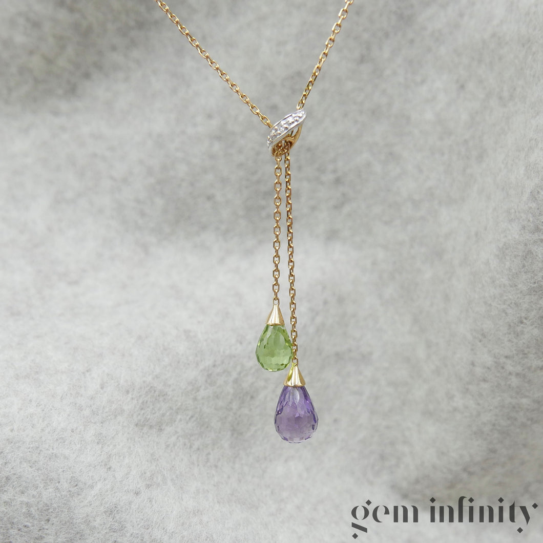 Collier or, briolettes améthyste péridot et diamants