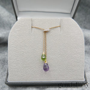 Collier or, briolettes améthyste péridot et diamants